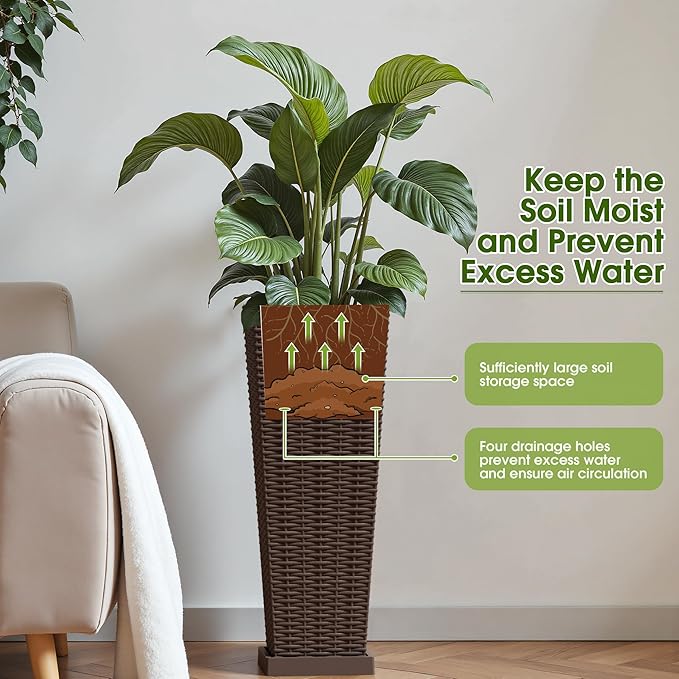 Devoko Resin Tall Planters for Outdoor Plants Set of 2, Large Taper Outdoor Planter Pots with 4 Drainage Holes, Flower Pots Modern Decor for Porch, Patio, Backyard, Garden(Brown, 23.6" with Trays)