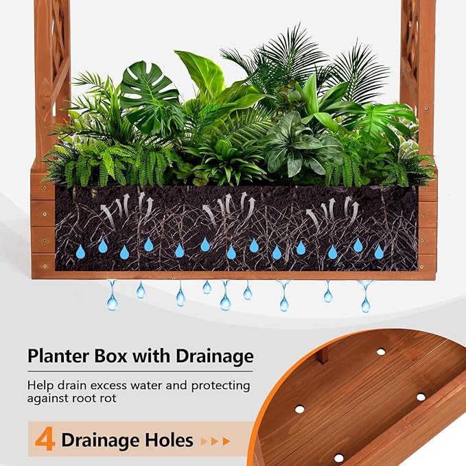 VINGLI Raised Garden Bed with Trellis & Hanging Roof, Wooden Elevated Planter Box with Drainage Holes for Outdoor Climbing Plants Vegetables Flowers, Patio Yard Balcony (Teak, Medium)