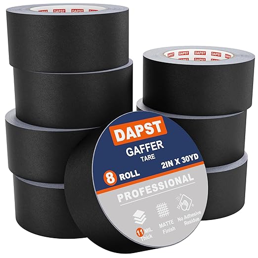 8 Pack Black Gaffers Tapes 2 Inch x 30 Yards x 11 Mil - Pro Black Gaff Tape - Waterproof, No Residue, Non-Reflective, Easy Tear - Photography, Filming Backdrop, Stage, Production (240 Yards in Tatal)