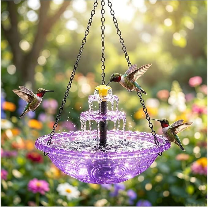 Solar Hanging Humming Bird Bath Fountain with Pump, Glass Bowl Cascading Water Fountain Solar Powered Outdoor Bird Bath for Garden Patio Yard (Purple)