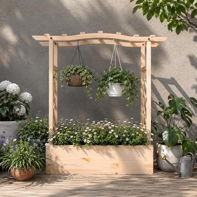 Giantex Raised Garden Bed with Trellis & Hanging Roof, Wooden Elevated Planter Box with Drainage Hole, Freestanding Gardening Planter Raised Bed for Flowers Herbs Climbing Plants Vines, 44”x14”x45”