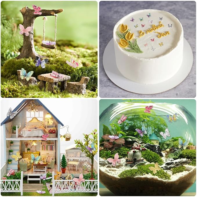 FOIMAS Miniature Butterflies,50 Pcs Micro Butterfly for Crafts Fairy Garden Dollhouse Micro Landscaping Resin Decoration