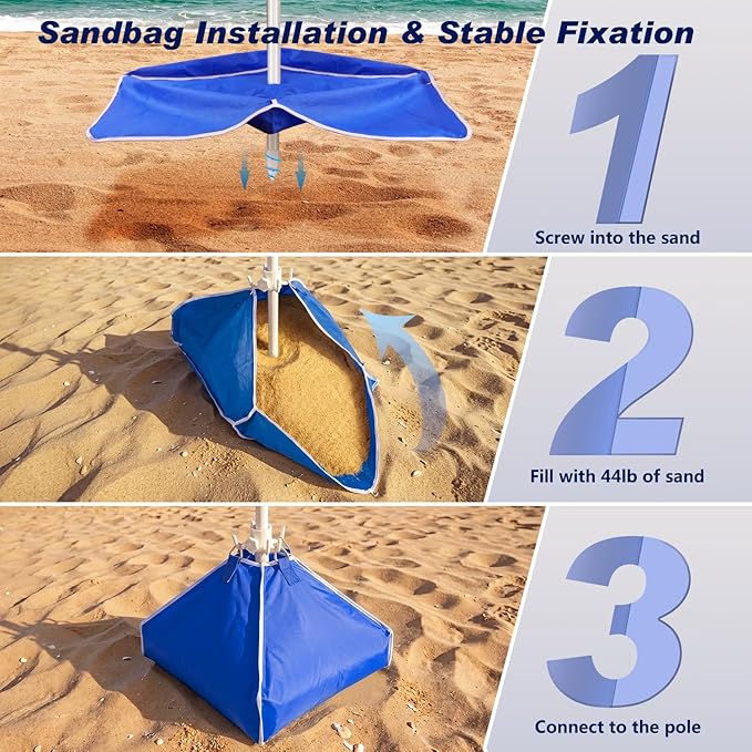 Fisqueen 8FT Large Beach Umbrella with Level 7 Wind Resistance Sand Anchor Sand Bag, Portable Outdoor Umbrella with UPF50+ UV Protection, Tilt Sun Shelter for Beach, Patio, Yard