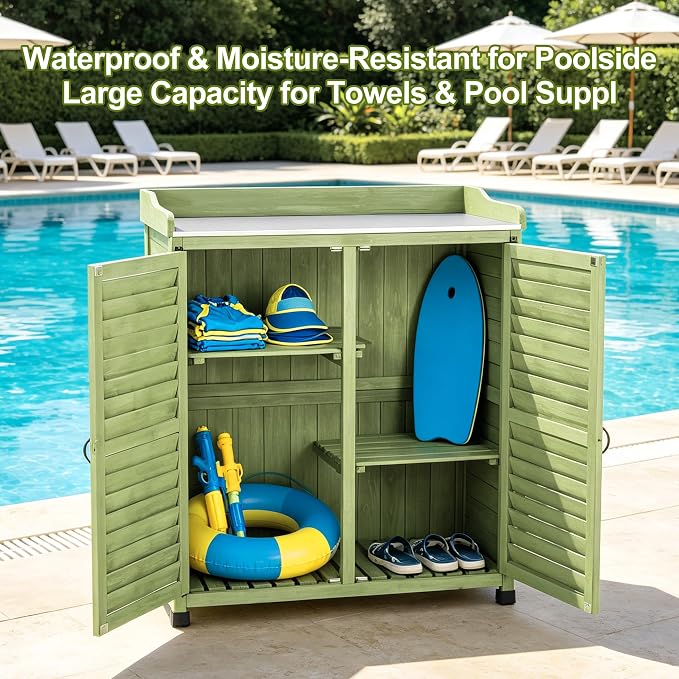 Outdoor Potting Bench with Metal Work Top,Waterproof Garden Storage Cabinet,Wooden Tool Station Shed for Backyard,Patio,Lawn Gardening