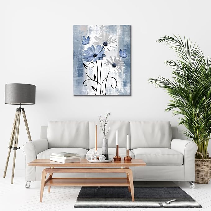 MYUSRE Blue and White Flower Wall Art for Bathroom, Farmhouse Daisy and Butterfly Paintings Rustic Wildflower Nature Plant Framed Canvas Wall Art for Living Room Bedroom Wall Decor, 20L X 16W inches