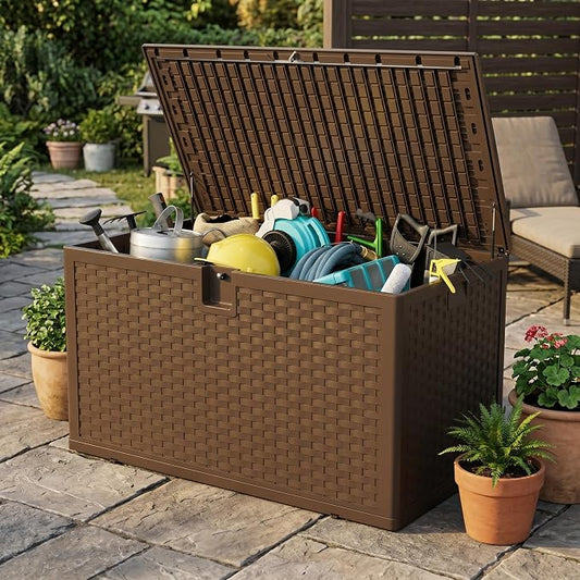 120 Gallon Resin Deck Box, Waterproof & Lockable Patio Storage Box with Hydraulic Lid for Outdoor Garden Tools, Pool Accessories & Cushions