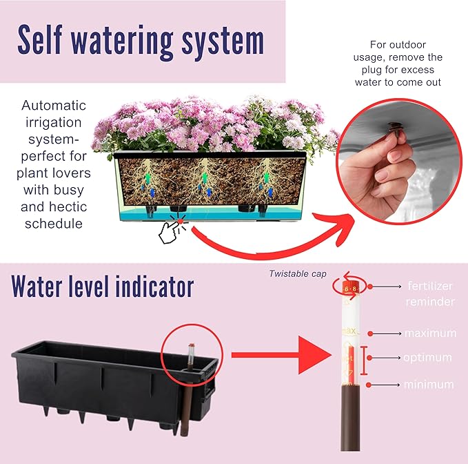 LaLaGreen Deck Railing Planter Boxes (14 Inch, 4 Pack) Self-Watering Window Box Planters with Brackets, Rectangular Hanging Flower Pots for Balcony Fence, Herb Garden Outdoor Black Plastic Planters