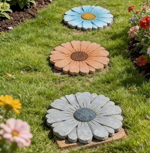 Heavy Duty Concrete Stepping Stone 10 Inch Daisy Design, Non Slip Garden Pathway Stone for Outdoor Walkway Yard Patio Lawn (Gray)