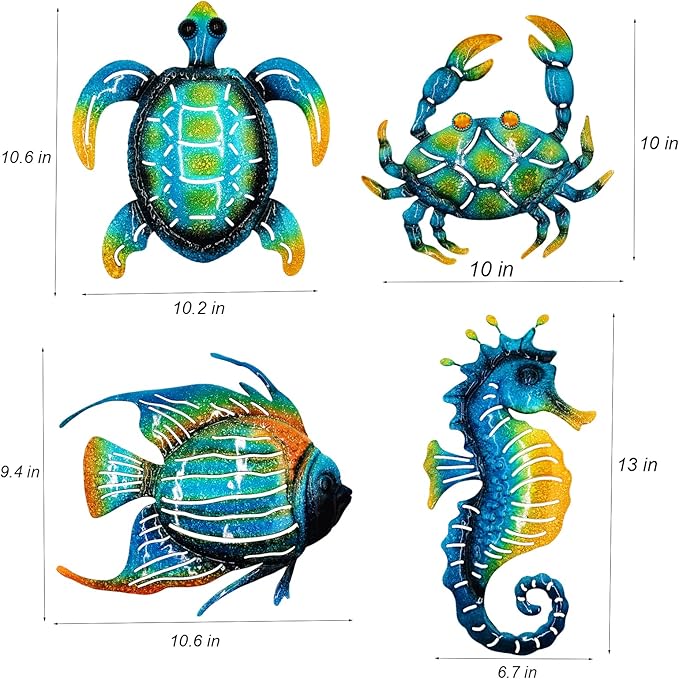 Meduofon Set of 4 Metal Outdoor Wall Art Decor, Blue Turtle Fish Crab and Seahorse Suitable for Beach Ocean Pool Decor, Metal Yard Fence Garden Children Room Bathroom Livingroom Wall Decoration