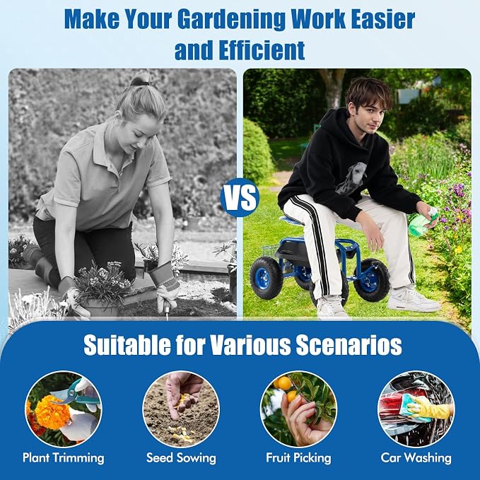 Goplus Garden Seat with Wheels, Rolling Garden Cart with 360 Degree Swivel Seat for Planting, Gardening Stool w/Tool Tray, Basket, Gardening Chair Workseat, Patio Wagon Scooter for Seniors