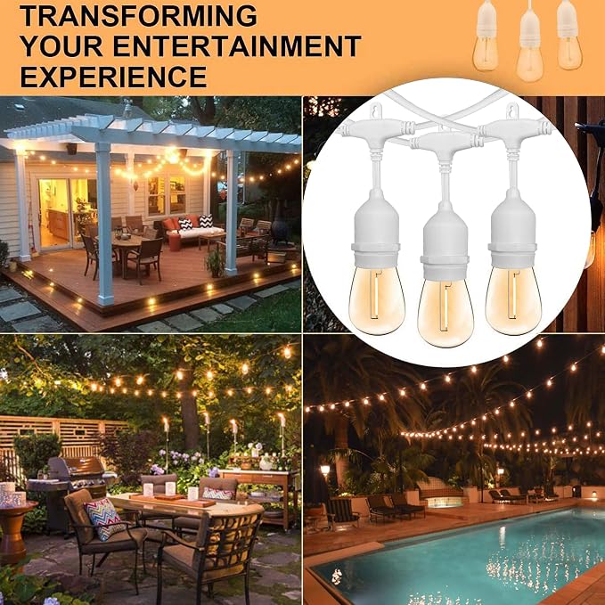 Banord White Outdoor String Lights, 96FT Commercial Grade Patio Lights with 30 1W S14 Dimmable Shatterproof LED Bulbs, Heavy Duty Hanging Lights for Outdoor, Waterproof String Lights (2x48FT)