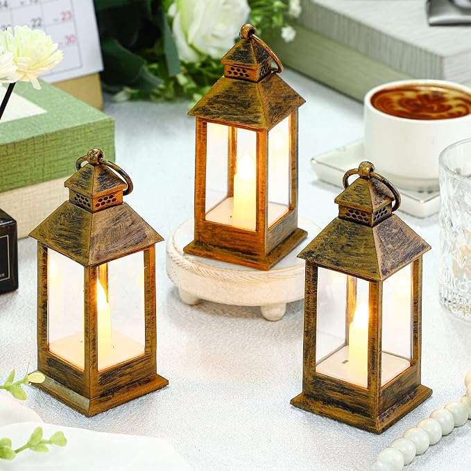 Hoolerry 24 Set 5.5'' Mini Lanterns with LED Candle for Wedding Centerpiece Vintage Decorative Hanging Small Lantern Battery Powered for Halloween Wedding Table Centerpiece(Bronze)