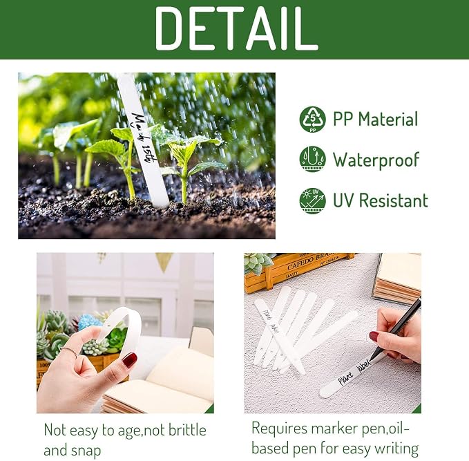 Whaline 200Pcs Thick Plastic Plant Labels with Hole White Garden Stake Markers Waterproof Garden Tag Signs for Greenhouse Seedlings Flowers Spotted Plants with 2 Marker Pen and Twine (10 CM)