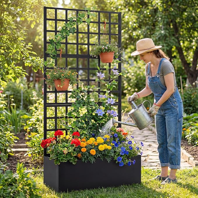 Giantex Metal Raised Garden Bed with Trellis, 71"x36"x16" Galvanized Planter Box w/Drainage Holes for Climbing Plants Vegetables Flowers, Outdoor Privacy Screen for Patio Backyard Balcony
