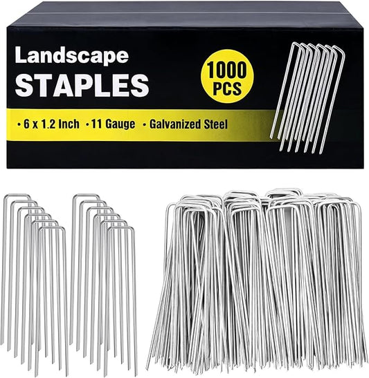 1000 Pack 6 Inch Landscape Staples Bulk, Galvanized Garden Stakes 11 Gauge U-Shaped Pins Tent Stakes Yard Ground Staples for Landscaping Fabric, Lawn, Turf, Fence, Plant Cover, Irrigation