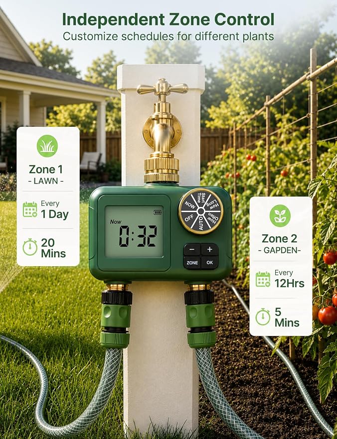 MOES 2-Zone Water Timer for Garden Lawn Hose — 3/4" Brass Inlet & Outlets, Independent Dual-Outlet Sprinkler Timer, Programmable Irrigation Controller with Rain Delay & Manual Mode, Battery Powered