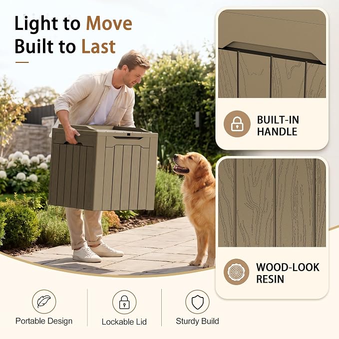 JUMMICO 31 Gallon Resin Deck Box Waterproof Indoor Outdoor Storage Boxes for Patio Furniture Cushions and Garden Tools (Light Brown)