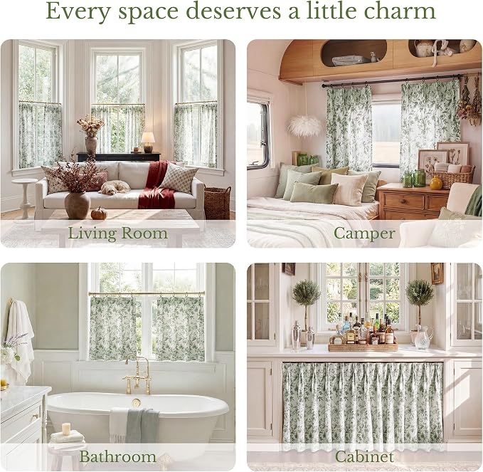 StangH Sage Green Kitchen Curtains 36 Inches, Shabby Chic Peony Floral Pinch Pleated Cafe Drapes, Light Filtering Small Window Tiers for Cottagecore Home Decor, W26xL36, 2 Panels
