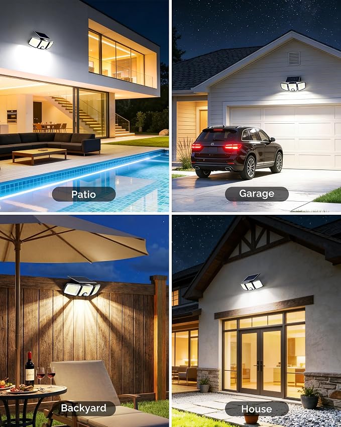Brightown 3 Pack Solar Outdoor Lights, 2500LM 223 LED Solar Flood Outdoor Lights with Motion Sensor 3 Modes, 3 Head 270° Wide Angle Street Area IP65 Waterproof Security Wall Lights with Remote
