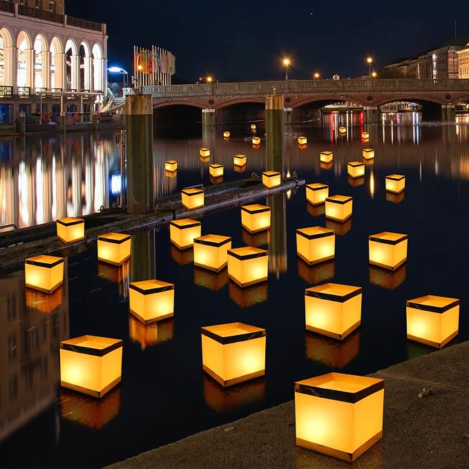 20Pack Paper Floating Water Lanterns,Gold+White Square Memorial Candle Lantern,Table Lanterns Decorative Outdoor for Weeding,Lawn,Pool,Wishing (20Pack Paper Lanterns with Candles)