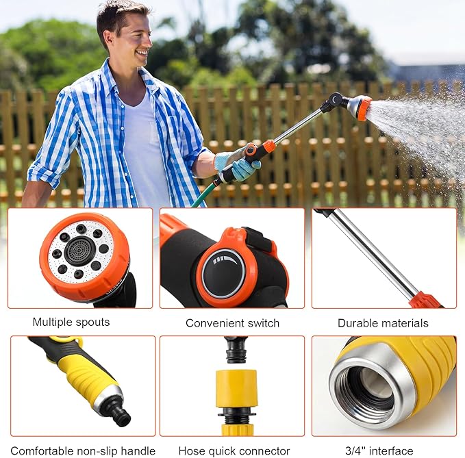 Hushee 2 Pack Garden Hose Wands 18.5inch Long Metal Watering Wands with 180° Swivel Head Adjustable 8 Spray Patterns Hose Nozzle Heavy Duty Flow Control for Tall Plants Hanging Baskets Car Lawn Wash