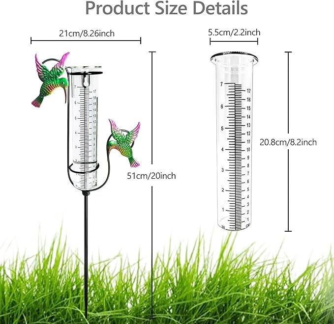 Rain Gauge Outdoor with Thermometer, 7" Freeze Proof Rain Gauges Outdoors Best Rated, Accurate & Easy to Read, Decorative Rain Measure Gauge for Yard Garden Patio (Hummingbird)
