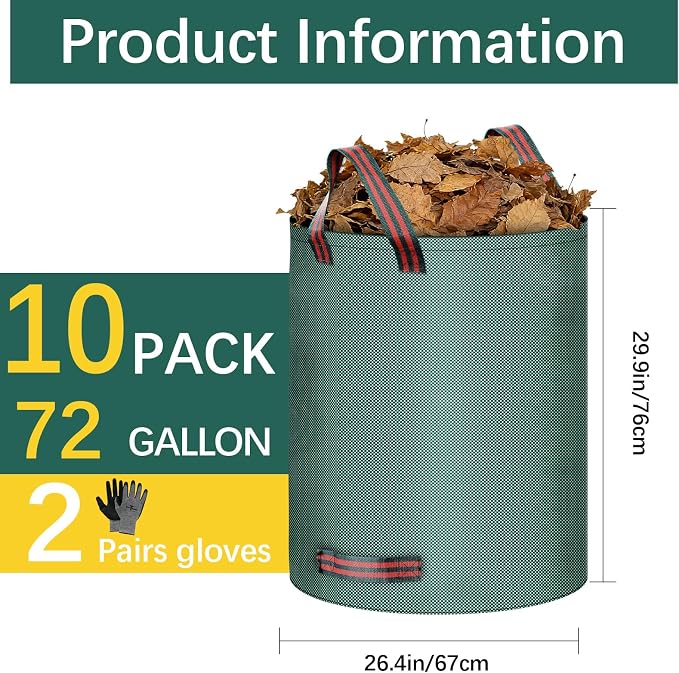 10 Pack 72 Gallon leaf bags reusable yard waste bags lawn bags,Can stand 2 pairs of gardening gloves are included,Suitable for camping yards, can Cleaning debris, leaves,grass clippings