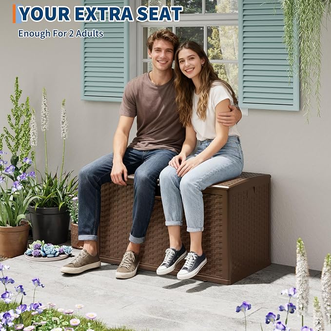 120 Gallon Resin Deck Box, Waterproof & Lockable Patio Storage Box with Hydraulic Lid for Outdoor Garden Tools, Pool Accessories & Cushions