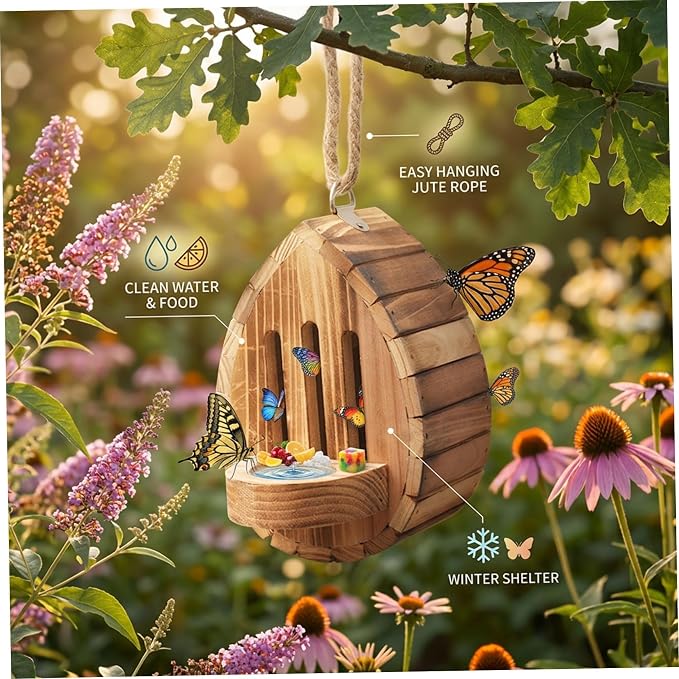 Butterfly House for Outside, Wooden Butterfly Habitat & Feeder for Butterflies, Moths and Lacewings, Hanging Butterfly Houses for the Garden, Teardrop Nesting Box Garden Decor with Rope (1pcs)