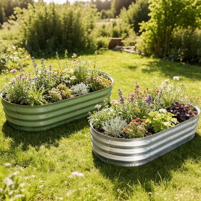 Galvanized Raised Garden Bed Kit, Planter Garden Boxes Outdoor, Oval Large Metal for Vegetables Fruits, Flowers Planter Boxes, Easy Assembly Garden Bed Kit (Green, 4×2×1FT (2-Pack)