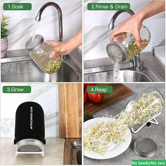 Sprouting Lids Growing Kit - 316 Stainless Steel Sprouting Lids for 86mm Wide Mouth Mason Jar with Adjustable White Stands - Organic Sprouts, Broccoli, Alfalfa Mung Bean Sprout Kit (Set of 4)