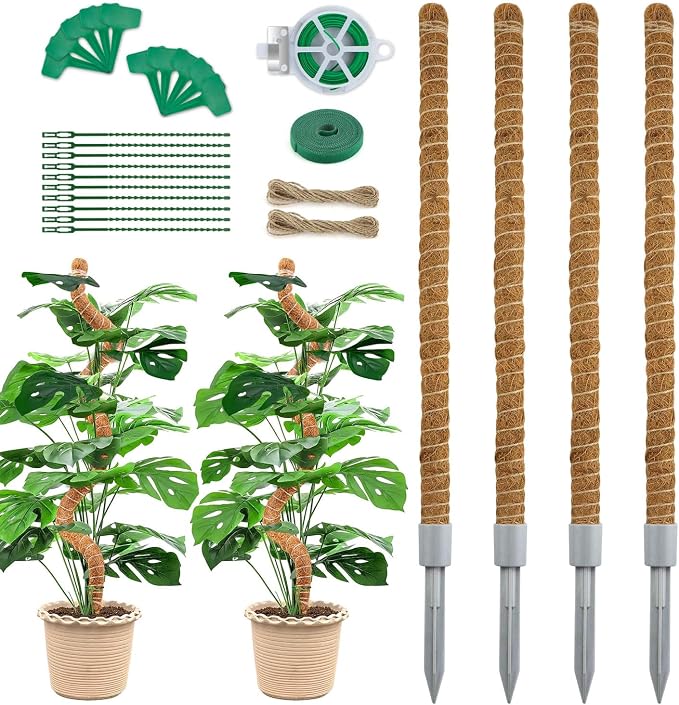 Moss Pole 28 Inch, 4 Pack Monstera Plant Support, Bendable Coco Coir Pole - Plant Stakes for Indoor Plants, Moss Poles for Climbing Plants, with Gardening Accessories (Plant Ties etc)
