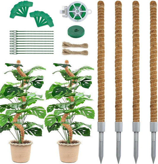 Moss Pole 28 Inch, 4 Pack Monstera Plant Support, Bendable Coco Coir Pole - Plant Stakes for Indoor Plants, Moss Poles for Climbing Plants, with Gardening Accessories (Plant Ties etc)