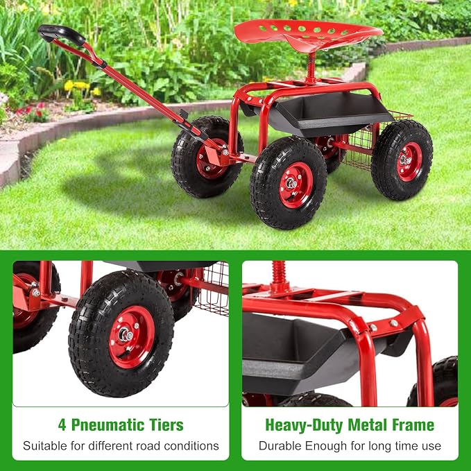 kinbor Garden Cart Rolling Scooter with Extendable Steering Handle, Swivel Seat & Utility Basket, Red