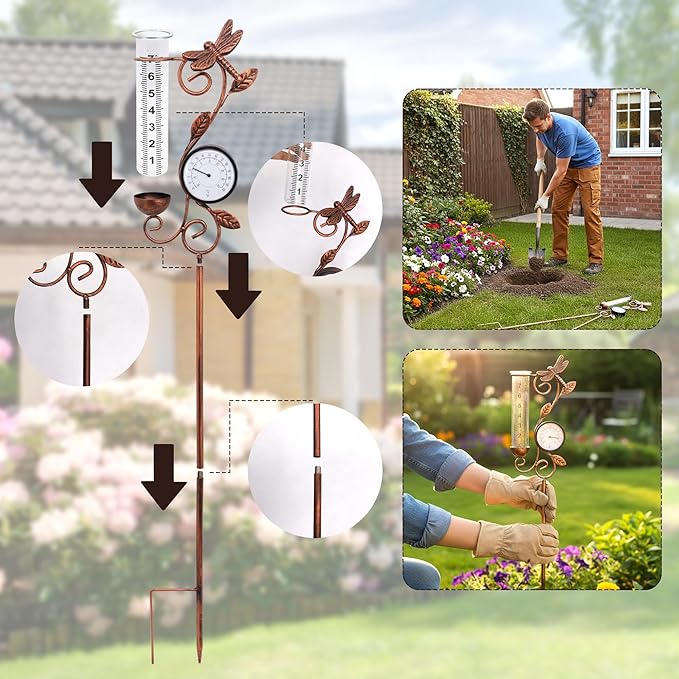 Rain Gauge Outdoor, Coppery Dragonfly with Thermometer Rain Gauges,Used for Measuring Precipitation and Temperature Garden Decor