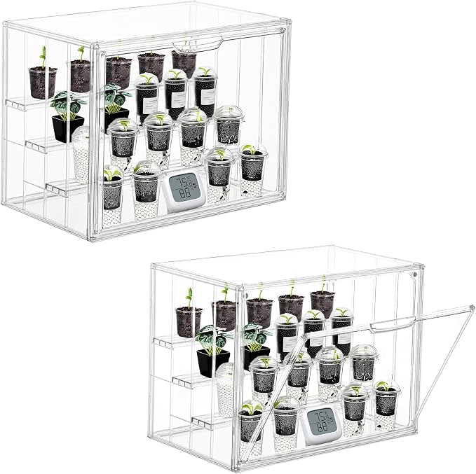 Clear Mini Greenhouse Indoor, 2 Pack Small Portable Tabletop Green House with Magnetic Door for Seed Starting, Plant Grow Warmer and Home Gardening Display