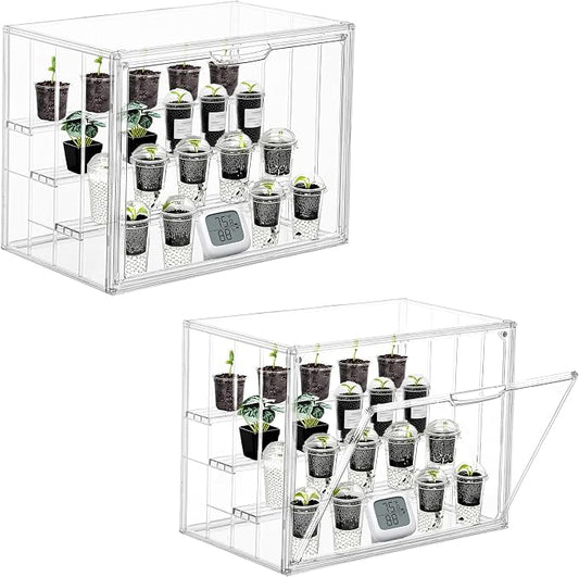 Clear Mini Greenhouse Indoor, 2 Pack Small Portable Tabletop Green House with Magnetic Door for Seed Starting, Plant Grow Warmer and Home Gardening Display
