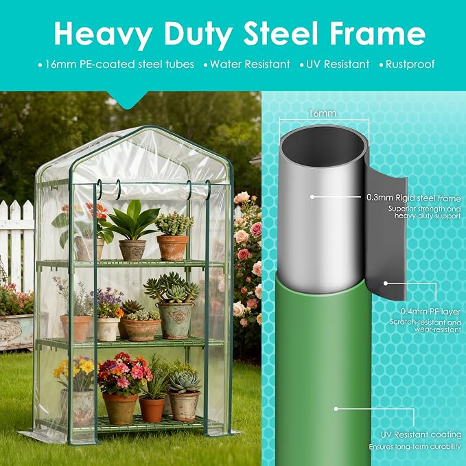 Twira 3-Tier Mini Greenhouse Outdoor, Portable Small Greenhouses for Winter, PE-coated Metal Frame & PVC Cover Green House for Outside Plants, Indoor Greenhouse Women Men Gardening Gifts 2.3x1.6x4.2ft