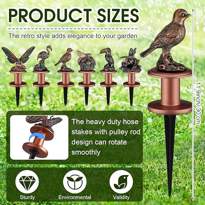 Zonon 6 Pcs Garden Hose Guide Stake Decorative 11.8 Inch Heavy Duty Metal Antique Water Hose Roller Guard Guide Stake Spike Resin Plant Saver Tools for Lawn Yard Garden(Antique Copper,Birds)