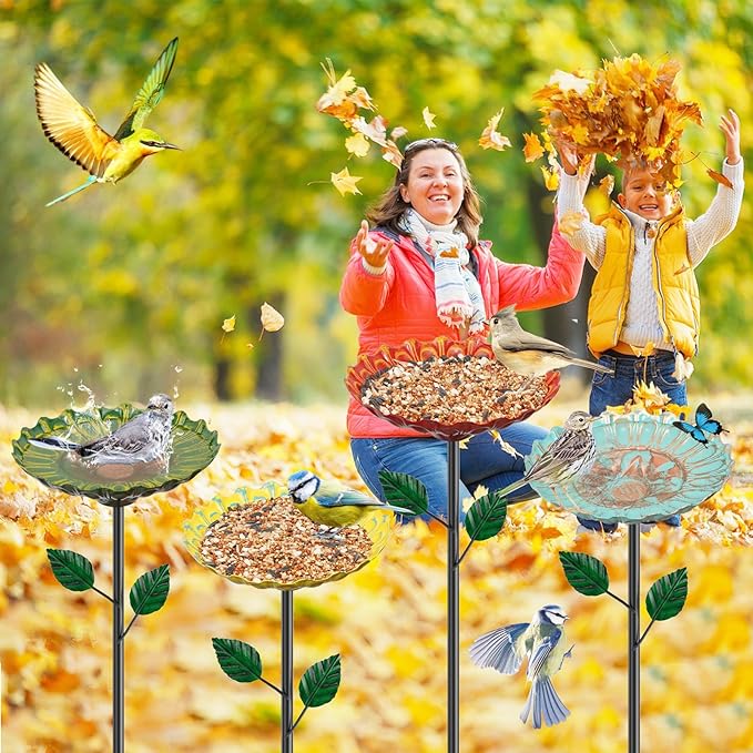 4PCS Flower Bird Baths for Outside, 5.9" Metal Hummingbird Bath with Adjustable Stake, Colorful Garden Birdbath Decor Set for Outdoors Yard Lawn Patio(4PCS Sunflower)