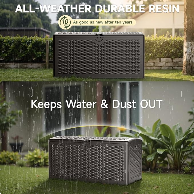 90 Gallon Deck Box, Lockable & Waterproof Resin, UV Resistant Storage Box for Patio, Garden, Pool, Brown
