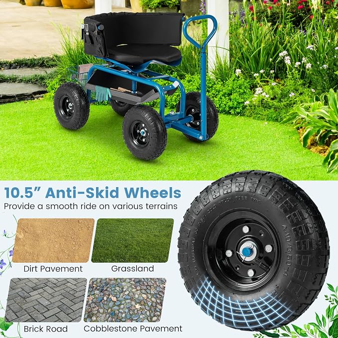 Garden Cart with Seat, Heavy-Duty Rolling Wagon Scooter with Wheels, Height Adjustable & 360° Swivel Seat, Storage Tray, Basket & Handle, Outdoor Gardening Work Seat for Patio Yard(Blue)