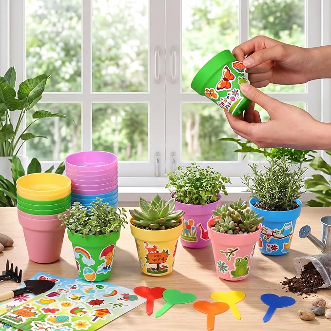 100 Sets Garden Pot Craft Kit, Flower Plant Spring Craft Including Plastic Nursery Plant Pots Labels Tags Stickers for DIY Flower Planting Growing Birthday Arts Kit (Macarons)