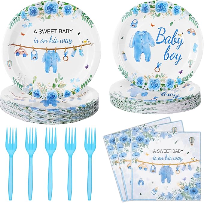 96 Pcs Wildflower Party Decorations Plates and Napkins Forks Floral Blue Disposable Paper Tableware Set for Birthday Flower Gender Reveal Spring Garden Party Supplies for 24 Adult Guests