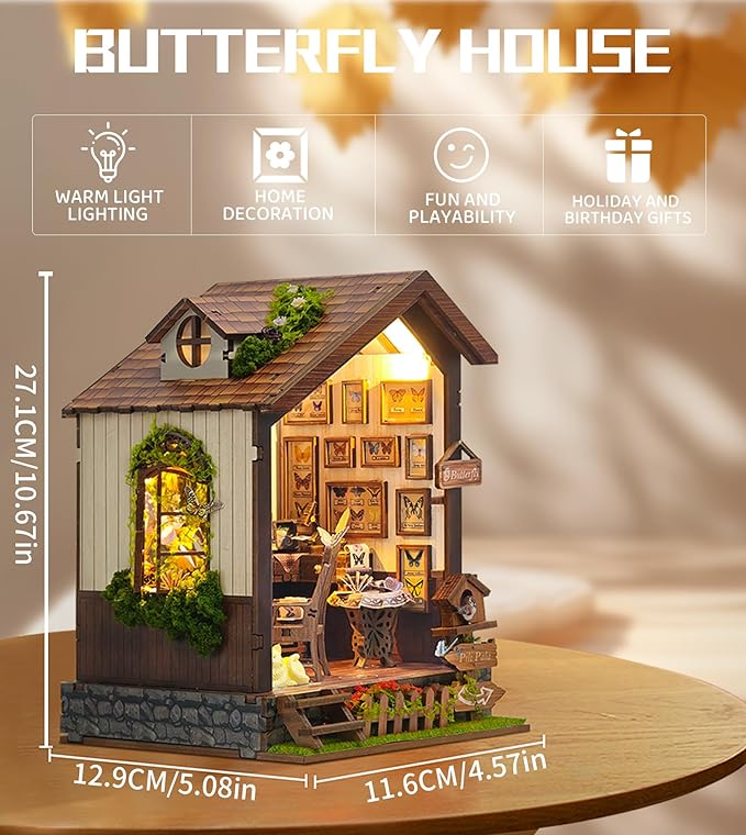 Roroom DIY Miniature Doll House with Furniture Dollhouse Kit for Adults and Teens,Booknook Tiny House Bookshelf Decor Mini 3D Wooden Puzzle, Gifts for Family, Friends (Butterfly-SQ60)