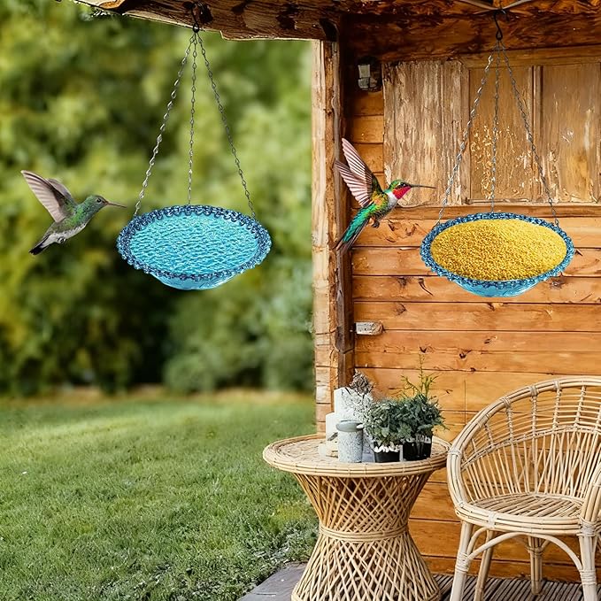 4 Pack Blue Hanging Bird Bath & Feeder, Plastic Water Seed Tray, Outdoor Decor for Wild Birds & Garden Yard