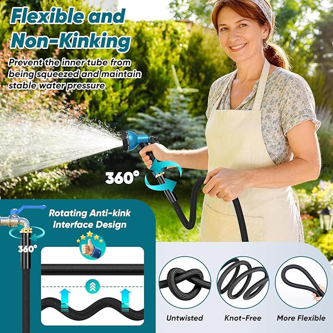 Garden Hose 100FT Non-Expanding, Lightweight Hose With 10-Function Nozzle, Leak-Proof No-Knot, Easy to Carry, Wear-Resistant, Sturdy 3/4GHT Flexible Water Hose for Outdoor (Black with Nozzle)
