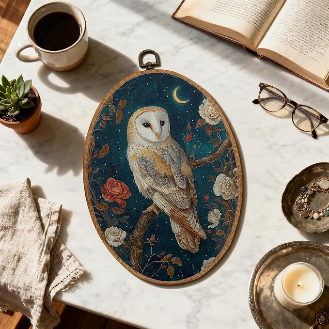 DOFQZ Vintage Moody Barn Owl Oval Wall Art Decor, Dark Academia Cottagecore Floral Owl Framed Wall Art, Whimsical Gothic Owls Walls Hanging Decor for Home Bedroom Living Room, 8.5x11.5 Inch