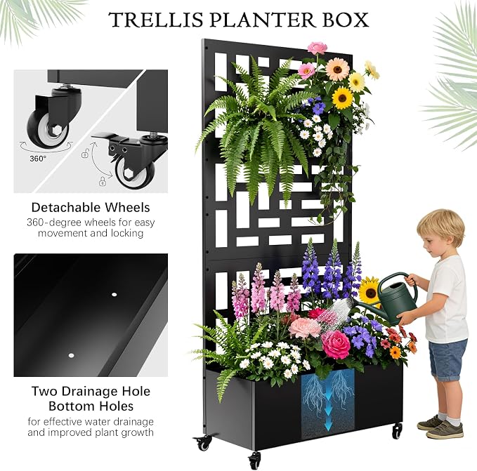 Baotree Metal Raised Garden Bed with Trellis and Wheels, 72"x 35"x 16" Privacy Planters for Patio, Planter Box with Drainage Holes for Climbing Plants, Flower, Vegetable (Black-Helen)