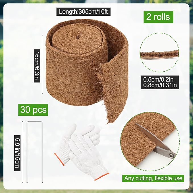 Timgle 2 Pcs 120" x 6.3" Natural Coconut Fiber Liner Mulch Roll, Coir Liner Garden Weed Barrier Mat with 30 U-Shaped Steel Stakes for Landscaping, Garden Edging Border, Planters, Vegetables & Flowers